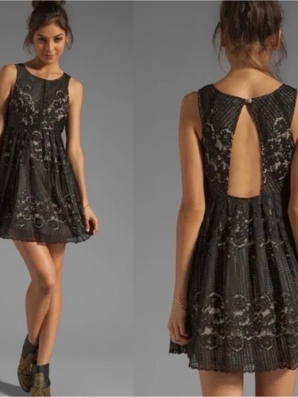 Free People Black Lace Floral Fit-and-Flare Dress